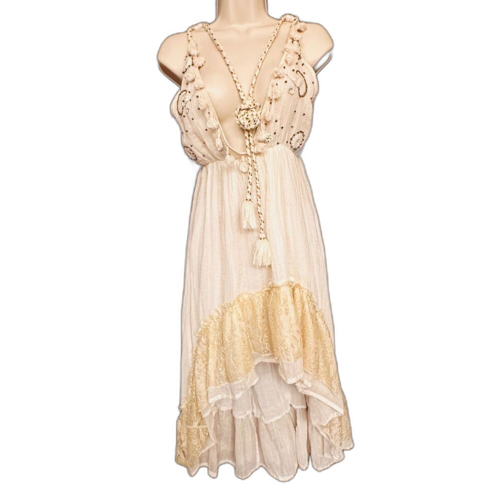 SMF Boho Embroidered Beachy Romantic Cottom Laced Beaded Asymmetrical Dress S